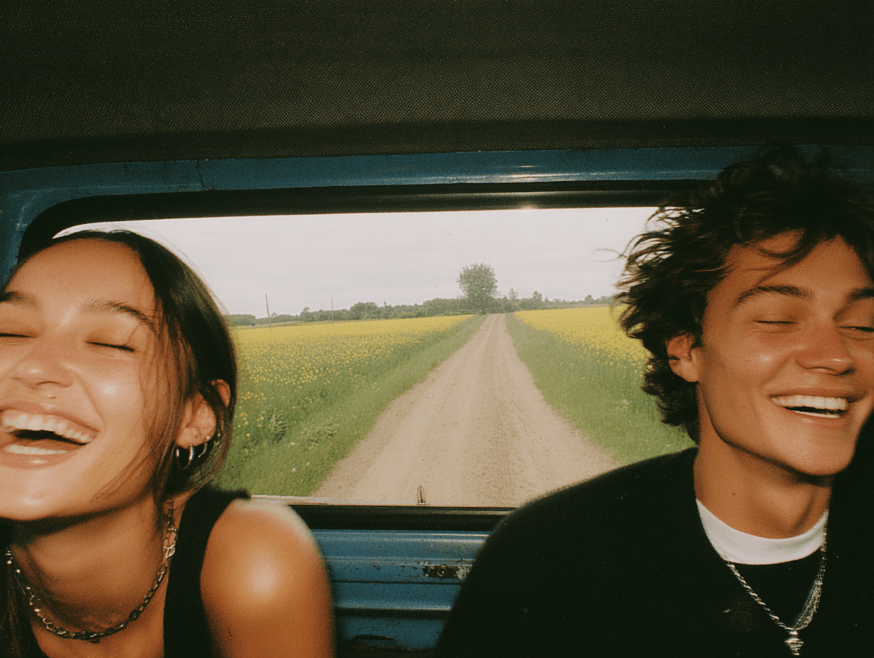 Two friends laughing on a road trip through the countryside
