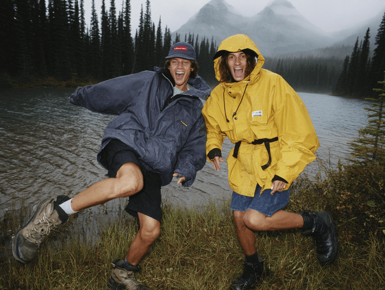 Two friends laughing by a mountain lake
