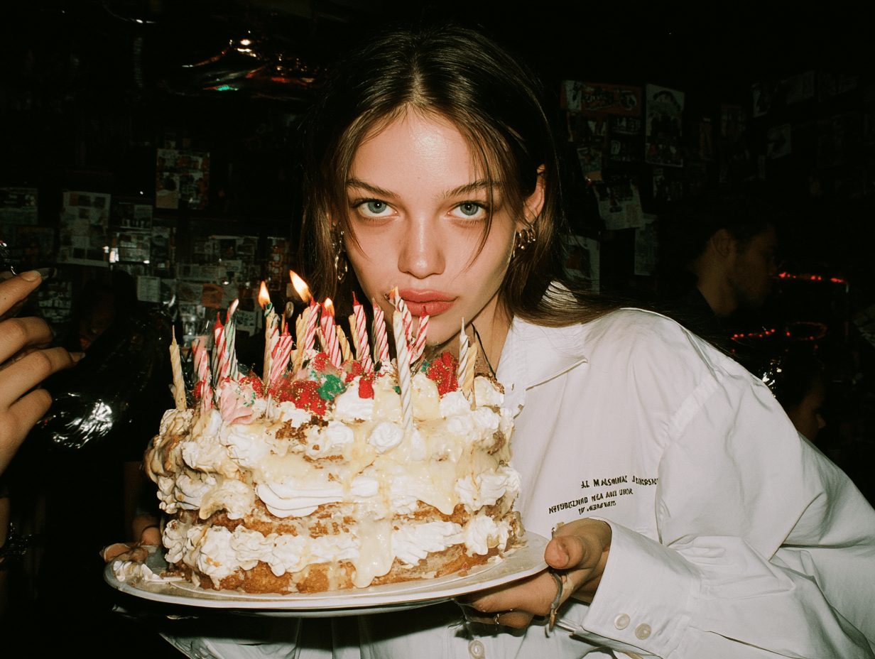 Young woman holding a birthday cake with candles