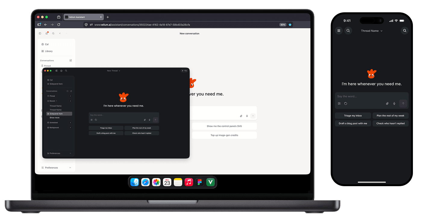 Vellum running on a laptop, a macOS desktop window, and an iPhone