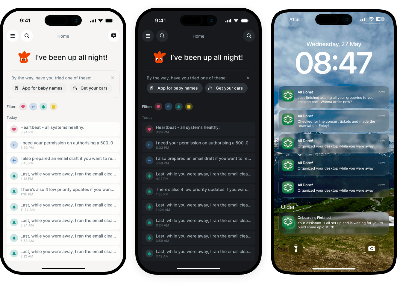Three phones showing the assistant working overnight
