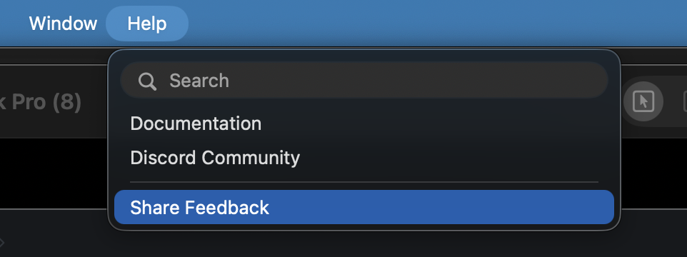 The Vellum desktop app's Help menu opened from the macOS menu bar, showing Documentation, Discord Community, and Share Feedback items with Share Feedback highlighted.