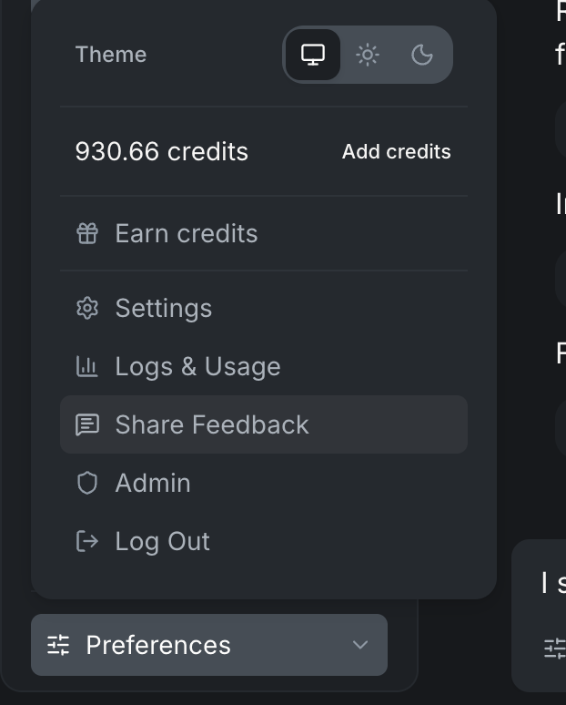 The Vellum web app's user menu opened in the top-right corner, showing Theme, credits, Earn credits, Settings, Usage, Share Feedback (highlighted), Admin, and Log Out items.
